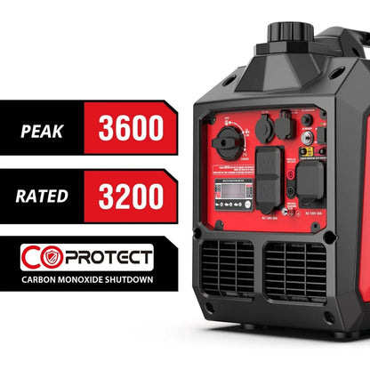 Générateur d'onduleur portable de 3600 watts avec protection CO, fonctionnement silencieux, 30 ampères RV-Ready