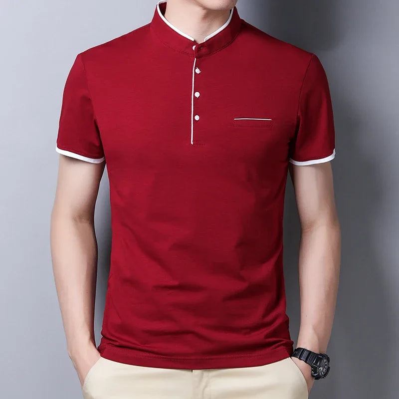 2025 nouveaux hommes décontracté et à la mode couleur unie à manches courtes col montant T-shirt été polyvalent et confortable haut