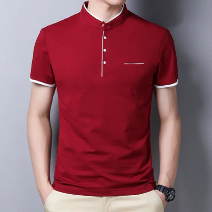 2025 nouveaux hommes décontracté et à la mode couleur unie à manches courtes col montant T-shirt été polyvalent et confortable haut