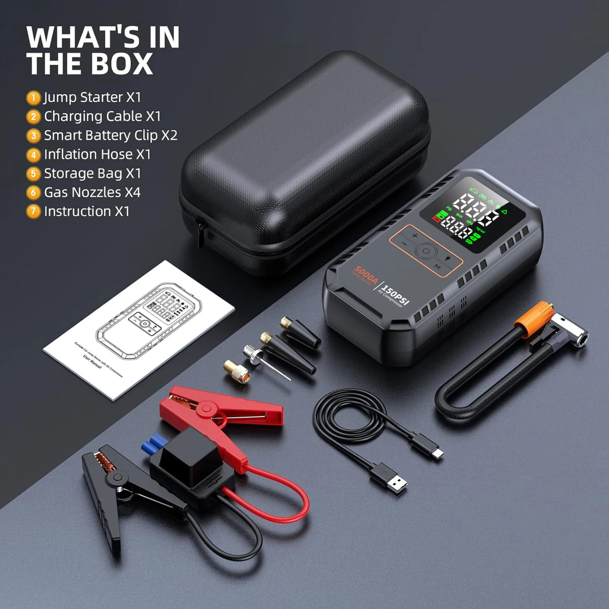 Démarreur de saut de voiture 4 en 1 avec compresseur d'air, Peak 5000A, Booster de batterie automatique, pompe à Air 150PSI, batterie externe Portable, gonfleur de pneus