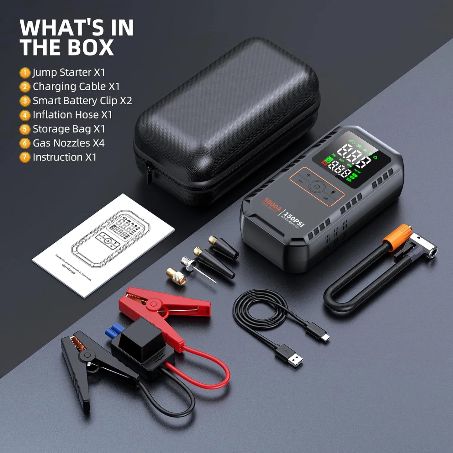 Démarreur de saut de voiture 4 en 1 avec compresseur d'air, Peak 5000A, Booster de batterie automatique, pompe à Air 150PSI, batterie externe Portable, gonfleur de pneus
