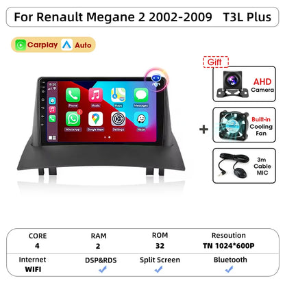 Android Carplay Auto pour Renault Megane 2 2002 2003 2004 2005 2006 2007 2008 2009 lecteur d'autoradio multimédia WIFI + 4G stéréo
