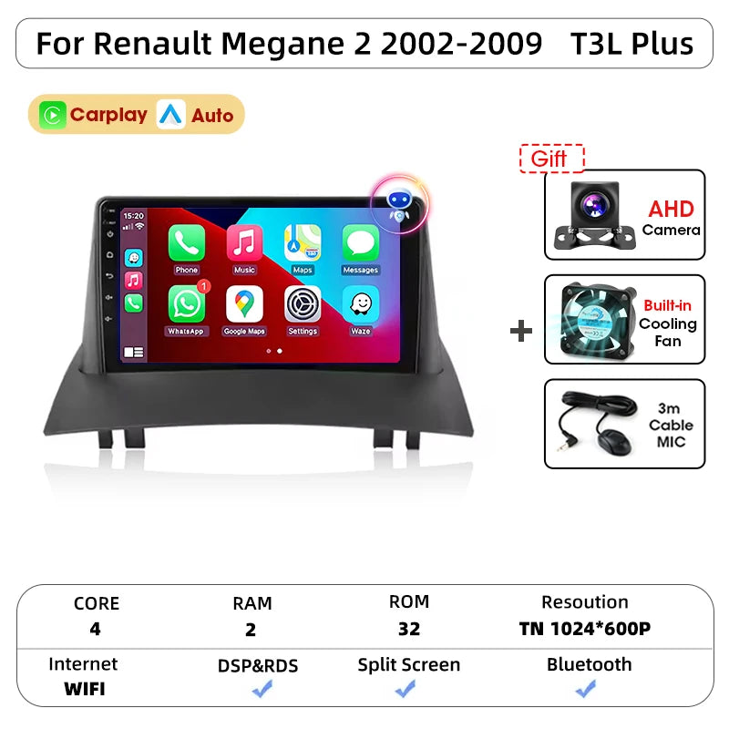 Android Carplay Auto pour Renault Megane 2 2002 2003 2004 2005 2006 2007 2008 2009 lecteur d'autoradio multimédia WIFI + 4G stéréo
