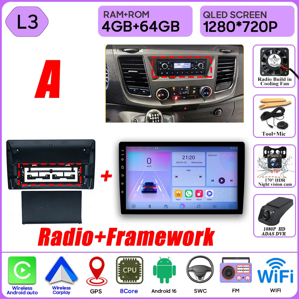 Autoradio Android 16 pour Ford Transit personnalisé Transit V363 350 lecteur multimédia Carplay Navigation GPS 4G Wifi vidéo stéréo 2din
