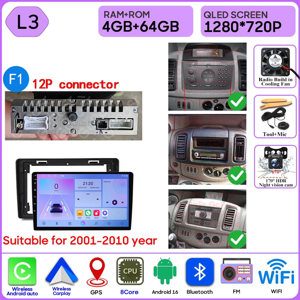 Autoradio Android 16 pour Renault Trafic 2 pour Opel Vivaro A pour Nissan primastar 2001 - 2014 GPS Navigation Carplay Android Auto