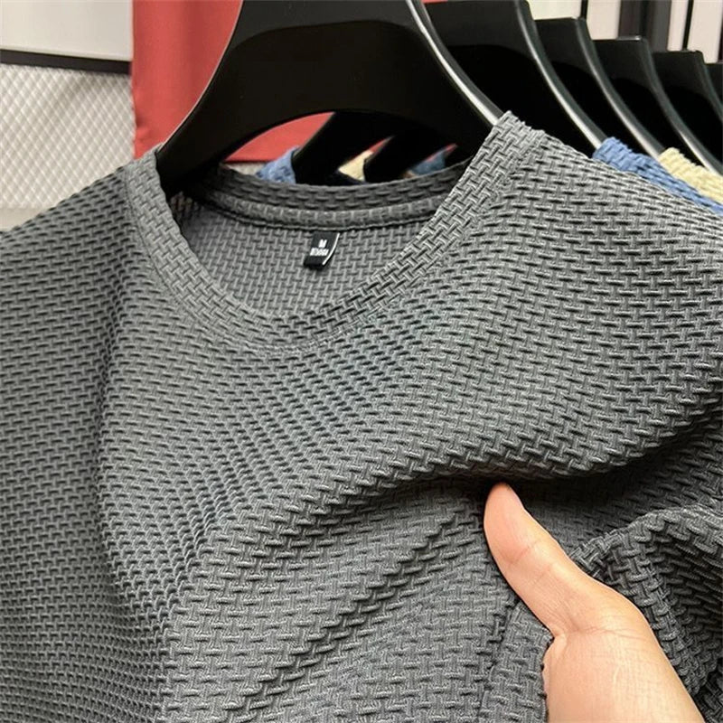 T-shirt d'été en maille et soie glacée pour hommes, manches courtes, col rond, demi-manches, fin, couleur unie, 2023