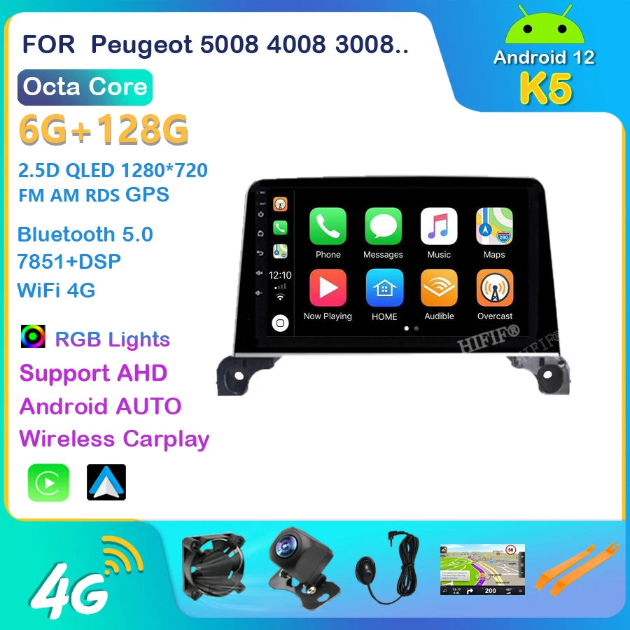 Autoradio Android, WIFI, FM, GPS, Stéréo, 2 DIN, Unité Centrale avec Cadre, pour Voiture KIT 5008, 4008, 3008, 2017, 2018, 2019, 2020