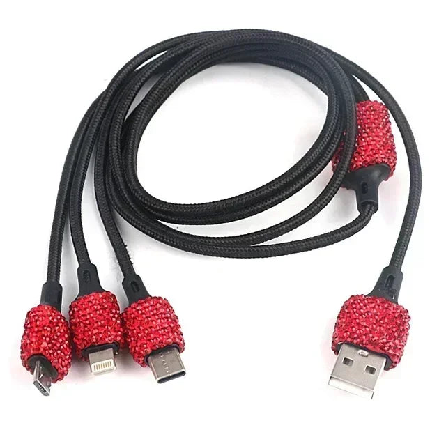 Chargeur de voiture USB rose cristal diamant 5V 2,1 a, double Port, adaptateur de charge rapide, câble 3 en 1 pour IPhone Samsung Huawei