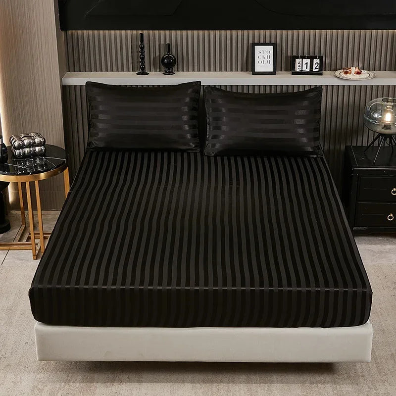 Satin-injFitted-طقم ملاءات سرير كوين، رمادي، ناعم، مبرد، جيب عميق، أطقم مفروشات، مخطط، سادة، غطاء مرتبة