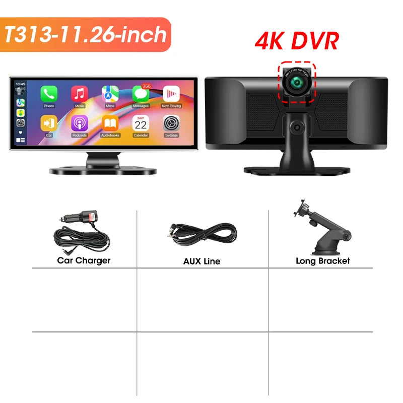 11.26 pouces Dash Cam 4K voiture DVR sans fil Carplay et Android Auto GPS Navigation enregistreur vidéo tableau de bord double objectif 5G Wifi FM AUX