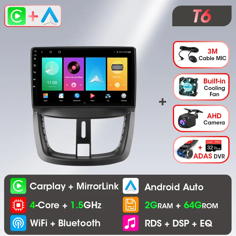 Autoradio Carplay sans fil Android pour Peugeot 207 CC 207CC 2006-2015 lecteur multimédia Navigation 2Din unité principale stéréo Auto