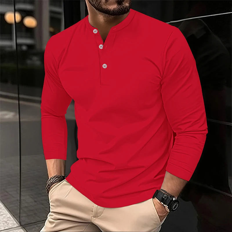 تي شيرت بولو رجالي صيفي 2025 بأكمام طويلة وياقة هنري، كاجوال ومسامي ومريح، تي شيرت بولو سادة عالي الجودة للرجال، شحن مباشر