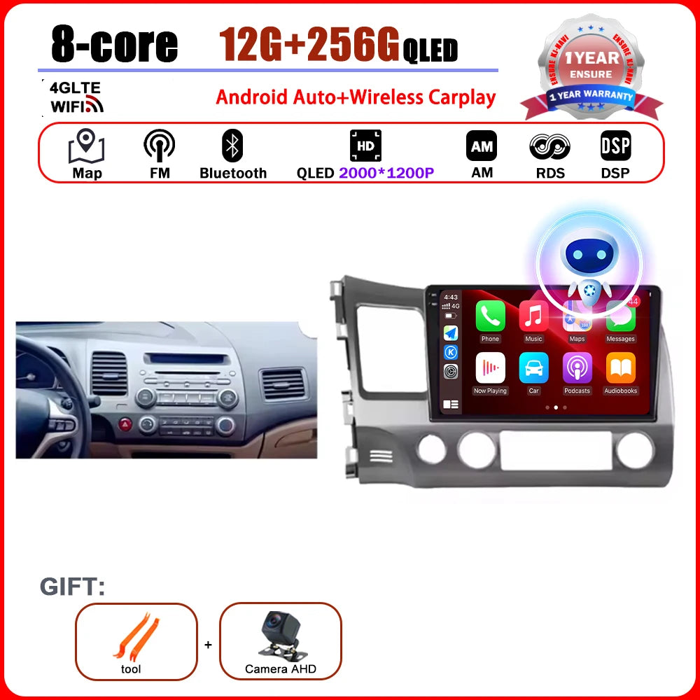 Android 15 Carplay autoradio pour Honda Civic 8 2005 - 2012 lecteur multimédia Navigation GPS 4G Audio No 2 Din 2 Din DVD