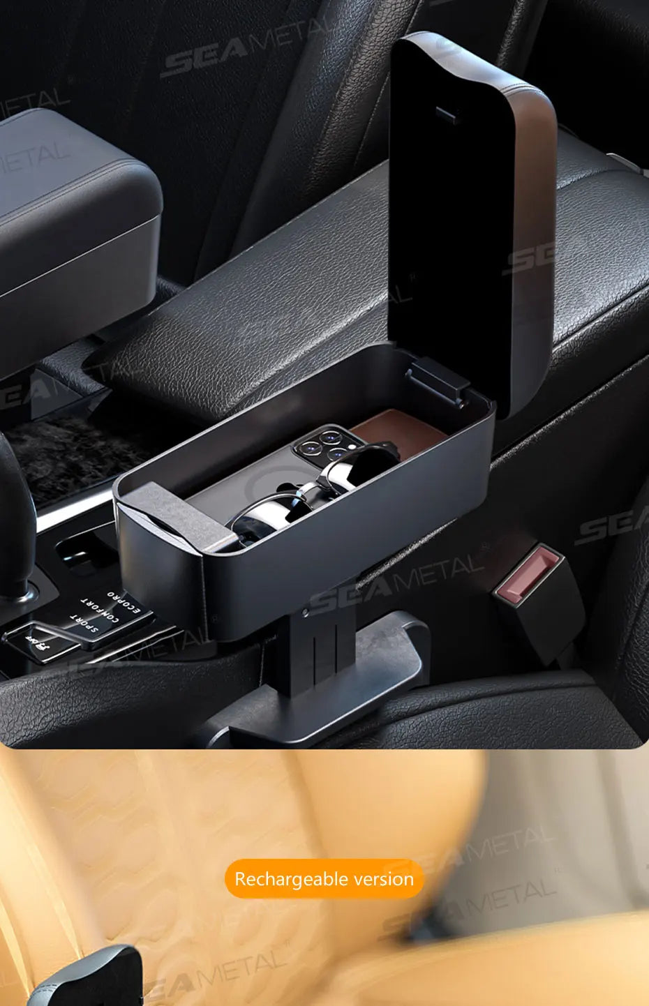 SEAMETAL-Boîte de rangement pour bras de voiture réglable, support de coude, boîte de console centrale avec porte-gobelet GNE, évaluation de charge recommandée