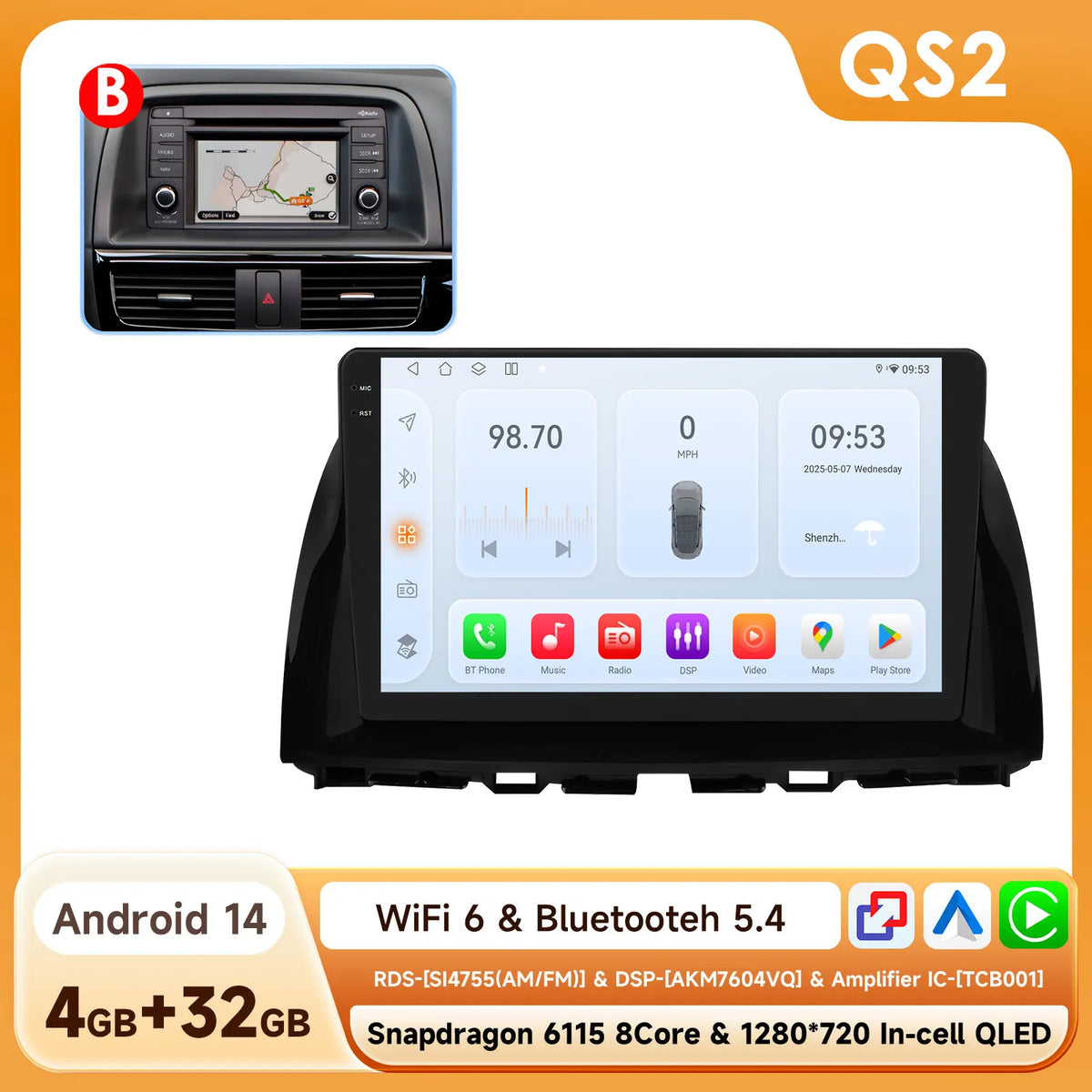 Snapdragon 8Core Android 14 autoradio pour Mazda CX5 CX-5 2012-2015 lecteur multimédia 6115 360 Cam Autoaradio Carpay Android Auto