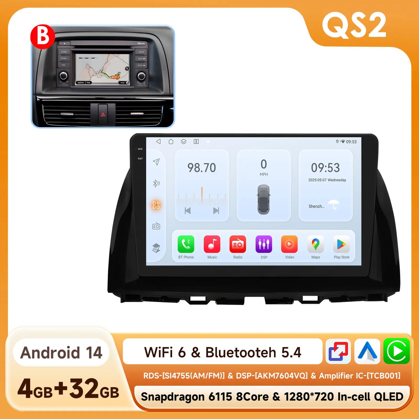 Snapdragon 8Core Android 14 autoradio pour Mazda CX5 CX-5 2012-2015 lecteur multimédia 6115 360 Cam Autoaradio Carpay Android Auto