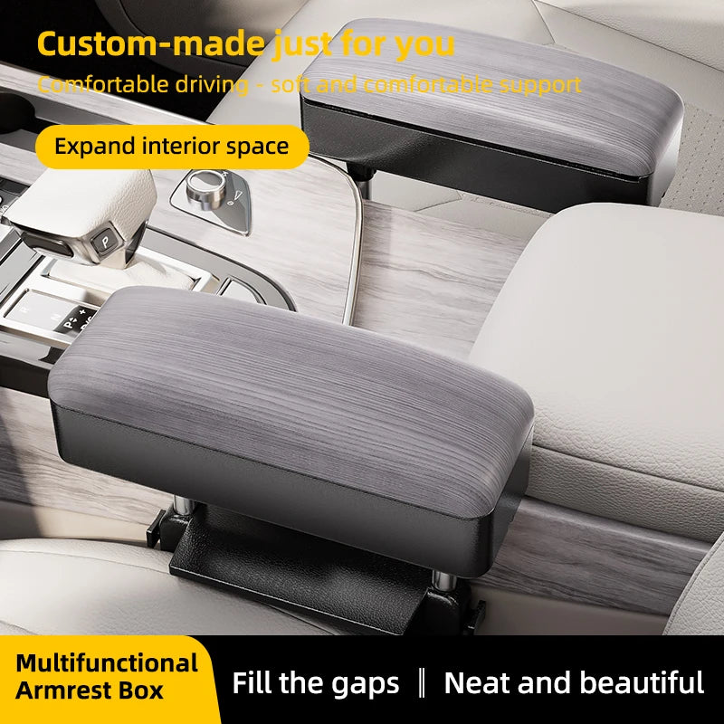 Accoudoir de siège auto - Boîte de rangement réglable pour voiture, en cuir PU motif bois, avec plaque de fixation ABS et piliers de support métalliques