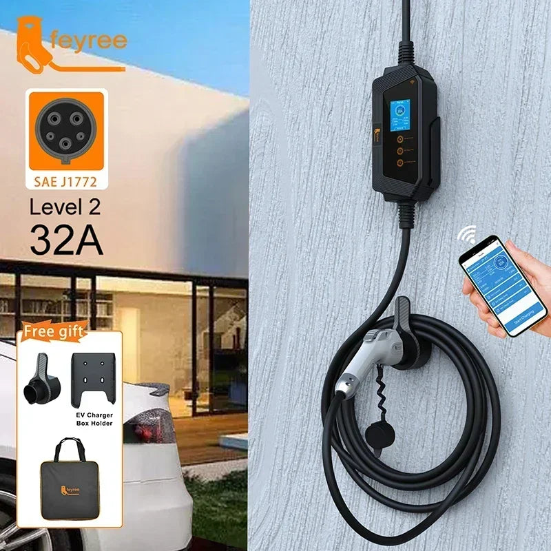 Fey123-Chargeur EV Portable pour Véhicule Électrique, Prise J1772 avec Câble de 5m, Version de Contrôle Intelligente, Wifi, 7KW, 32A, 1Phase