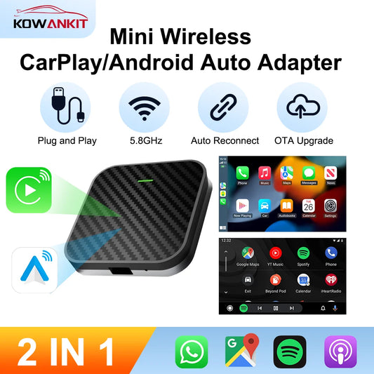 Adaptateur CarPlay sans fil 2 en 1, Dongle sans fil Android Auto, Plug & Play, voiture pour Bluetooth Smart Mini AI Box KowanKit 2026