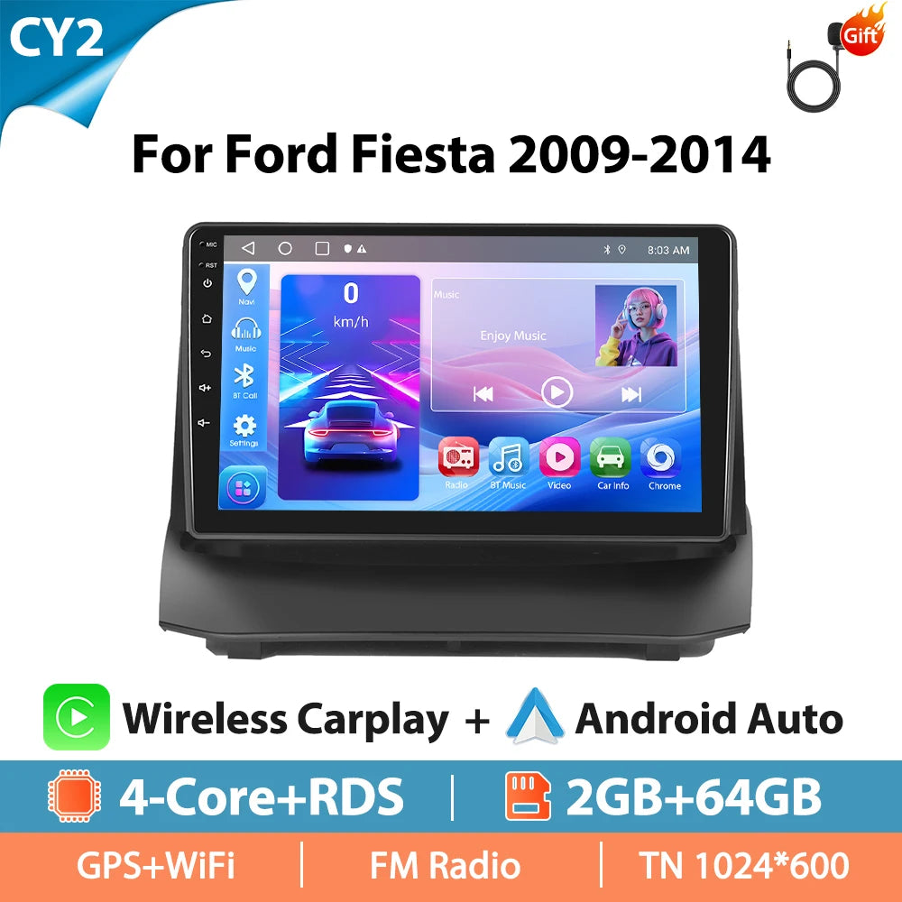 Autoradio Hikity 9 pouces 4G pour Ford Fiesta 2009-2014, lecteur multimédia vidéo, Carplay, Android Auto, 8 cœurs, WIFI, 4G, GPS, Mirrorlink, BT