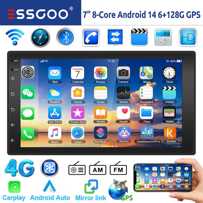 ESSGOO 7"/9"/10“ 2 DIN Android 14 8-Core 6+128G Autoradio Sans Fil Apple Carplay Android Auto GPS Navigation Bluetooth AM FM RDS WIFI Écran Tactile QLED 4G LTE USB Mirror Link Equalizer Commande au Volant