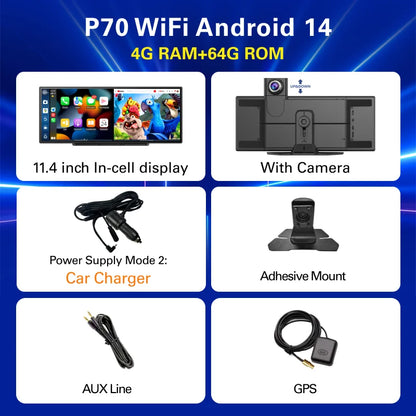 BYUJQ 11.4 'Android 14 8 Core Carplay écran pour voiture Dashcam 4G + 64G sans fil CarPlay et Android Auto Netflix Google Play GPS
