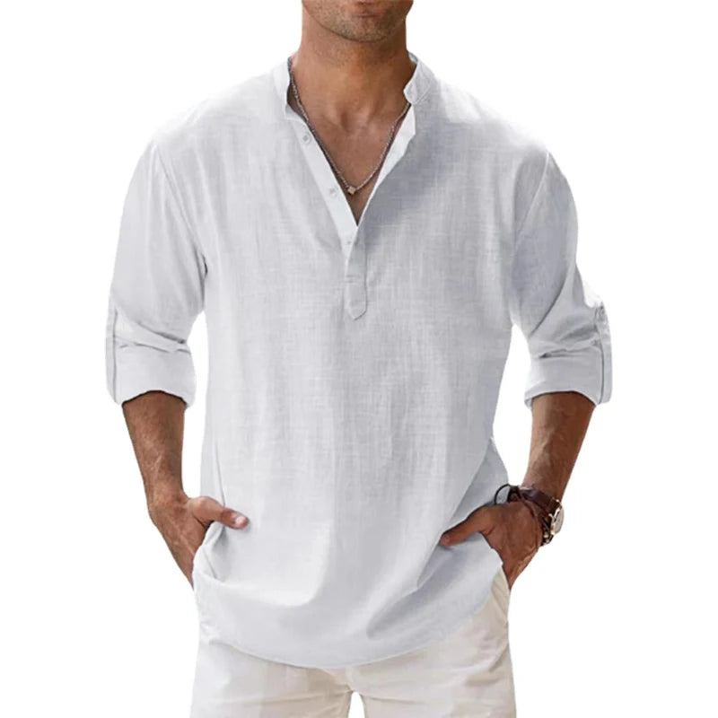 Nouvelles chemises en coton et lin pour hommes chemises décontractées légères à manches longues chemises de plage Henley t-shirts hawaïens pour hommes