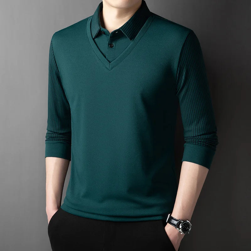 Polo à manches longues pour hommes, décontracté et à la mode, couleur unie, faux deux pièces, Business, toutes saisons, haut polyvalent, nouvelle collection 2025