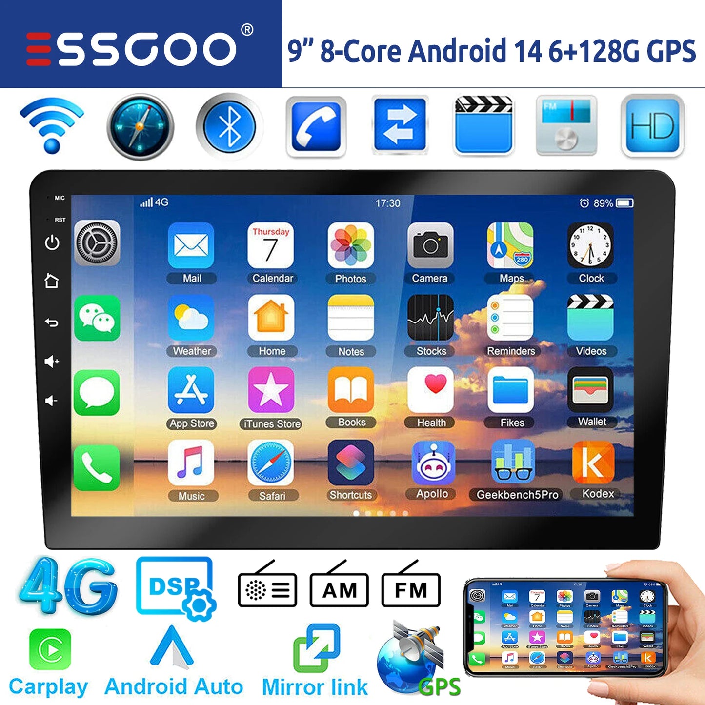 ESSGOO 7"/9"/10“ 2 DIN Android 14 8-Core 6+128G Autoradio Sans Fil Apple Carplay Android Auto GPS Navigation Bluetooth AM FM RDS WIFI Écran Tactile QLED 4G LTE USB Mirror Link Equalizer Commande au Volant