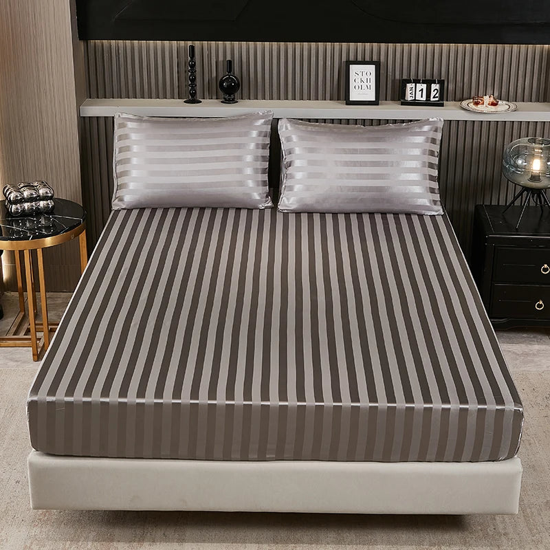 Satin-injFitted-طقم ملاءات سرير كوين، رمادي، ناعم، مبرد، جيب عميق، أطقم مفروشات، مخطط، سادة، غطاء مرتبة