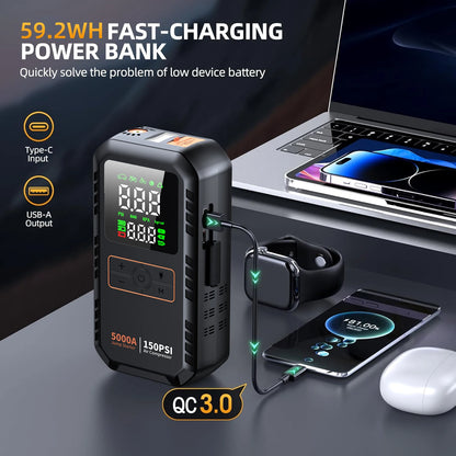 Démarreur de saut de voiture 4 en 1 avec compresseur d'air, Peak 5000A, Booster de batterie automatique, pompe à Air 150PSI, batterie externe Portable, gonfleur de pneus