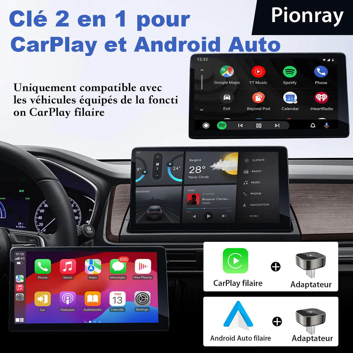 2026 Pionray 2 en 1 Adaptateur CarPlay / Android Auto Sans Fil - Connexion WiFi 5G Rapide - Plug and Play USB C