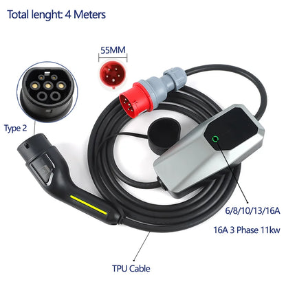 Chargeur EV Type 2 Type 1, boîtier de chargement pour voiture électrique 6A-16A, 10 mètres, 4 mètres, 1 phase, 3 phases, câble de chargement EVSE Mode 2