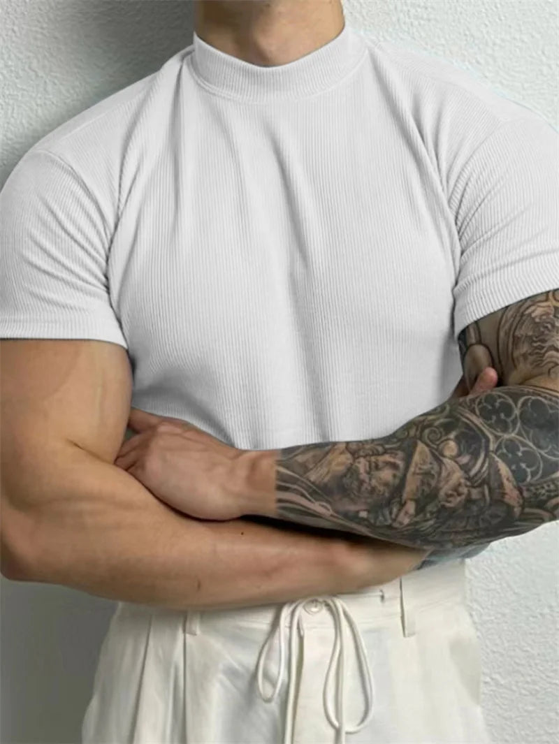 Printemps été mode hommes T-shirt petit col haut chemise à rayures à manches courtes haut de fitness loisirs sport T-shirt hommes vêtements de sport