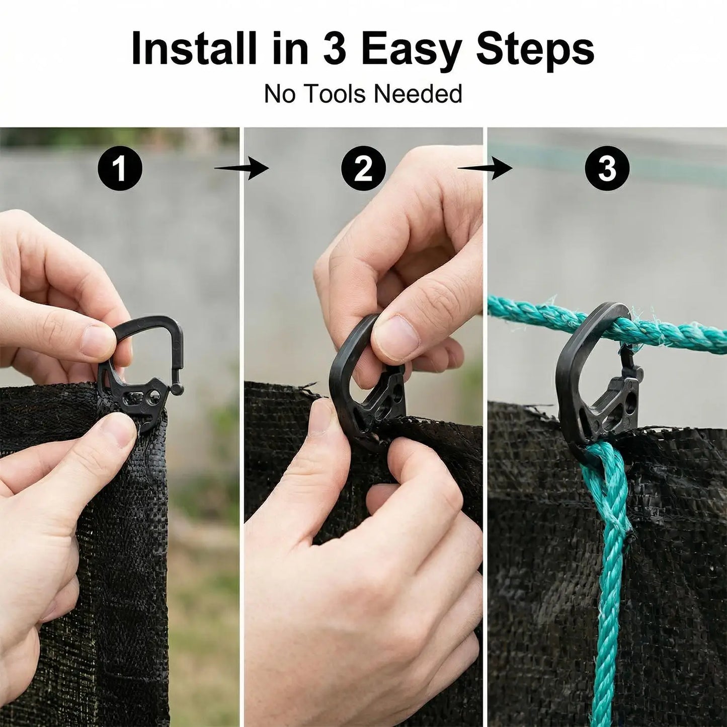 50/100x Portable    Clip de fixation pour filet pare-soleil en plastique, crochet noir pour toile d'ombrage, boucle de serrage, pour camping extérieur, réutilisable