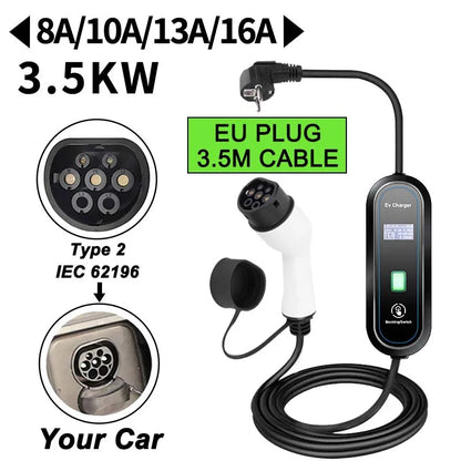 Teschev-Chargeur EV Portable pour Voiture Électrique, Boîtier de Charge EVSE Type 2, Niveau 2, J1772 Vope1, 3,5 KW, 16A