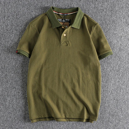T-shirt rétro américain à manches courtes pour hommes, Polo à revers de couleur unie, à la mode, 100% coton, hauts d'affaires décontractés