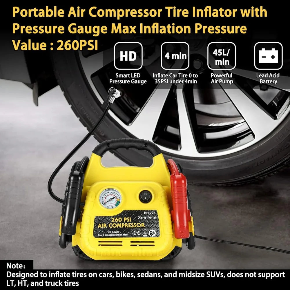Démarreur de saut avec compresseur d'air 260PSI, démarreur de saut de voiture portable 1000A, pack de surpression de batterie 4 en 1 pour véhicules (gaz/diesel 3L