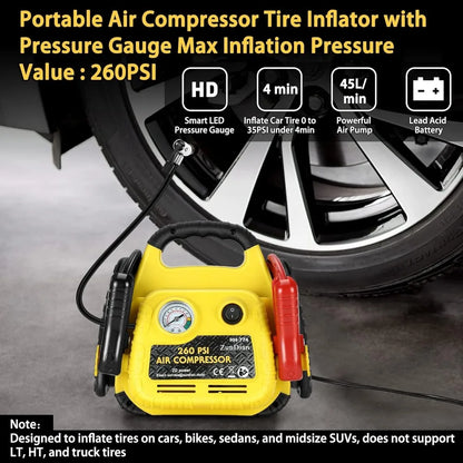 Démarreur de saut avec compresseur d'air 260PSI, démarreur de saut de voiture portable 1000A, pack de surpression de batterie 4 en 1 pour véhicules (gaz/diesel 3L