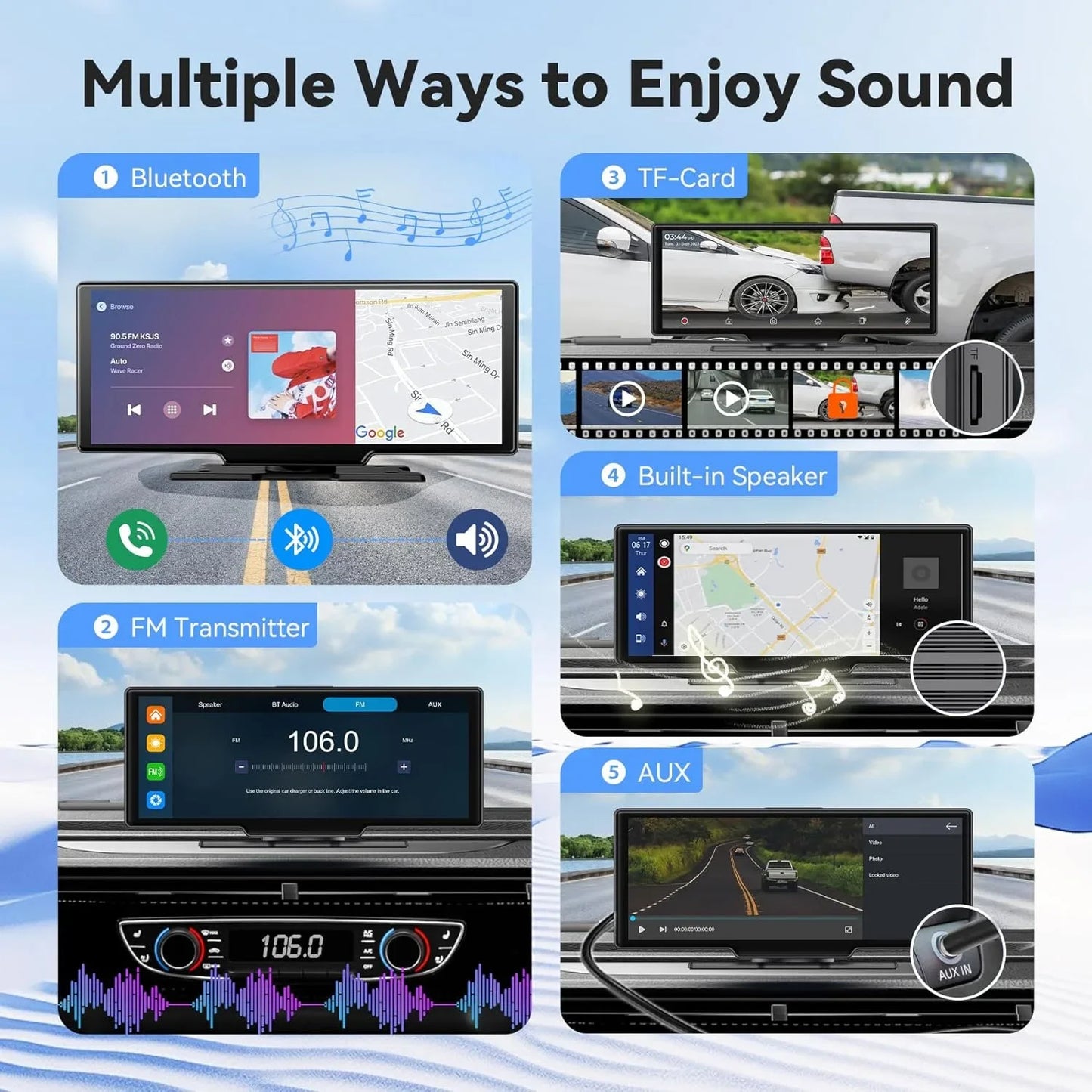 Écran Carplay 10.26 pouces pour voiture, CarPlay sans fil et Android Auto, lecteur vidéo multimédia universel pour autoradio, lecteur de voiture BT AUX FM