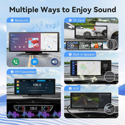 Écran Carplay 10.26 pouces pour voiture, CarPlay sans fil et Android Auto, lecteur vidéo multimédia universel pour autoradio, lecteur de voiture BT AUX FM