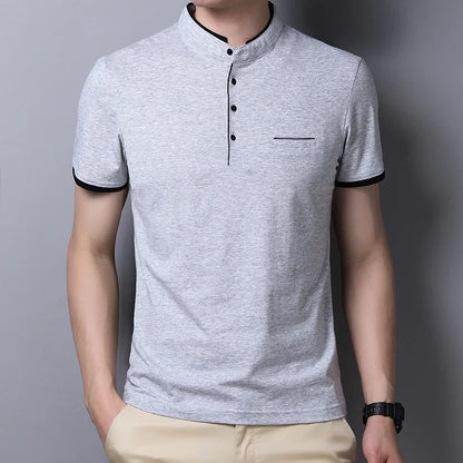 2025 nouveaux hommes décontracté et à la mode couleur unie à manches courtes col montant T-shirt été polyvalent et confortable haut