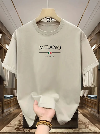 T-shirt à manches courtes et col rond pour hommes, 100% pur coton, à la mode, décontracté, ample, style italien, lettre Milan imprimée