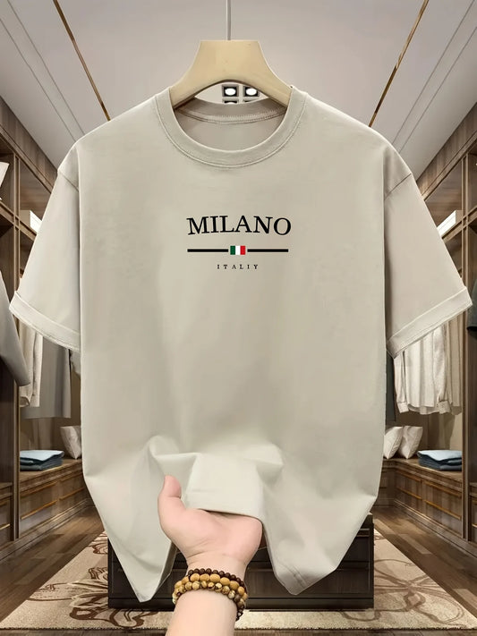 T-shirt à manches courtes et col rond pour hommes, 100% pur coton, à la mode, décontracté, ample, style italien, lettre Milan imprimée