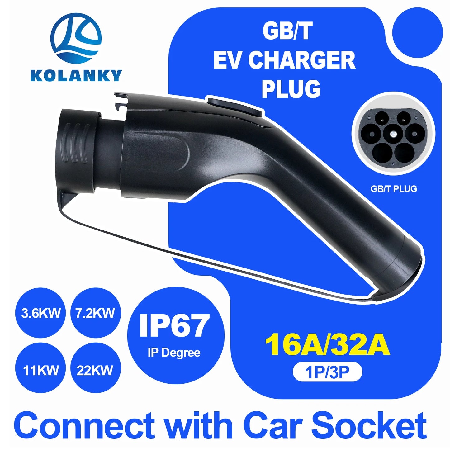 Kolanky 16A/32A GBT EV chargeur prise voiture électrique tête de pistolet de charge 3.6kw /7.2kw/11kw /22kw 1P/3P EV chargeur GBT prise mâle IP67