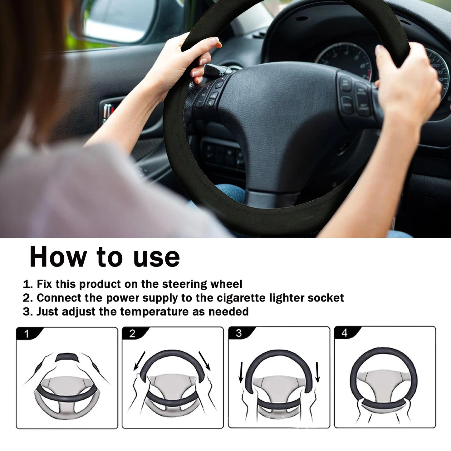 Housse chauffante universelle pour volant de voiture 12V, séchage rapide en 3 minutes, housse chauffante antidérapante pour l'hiver pour le confort de conduite (noir)