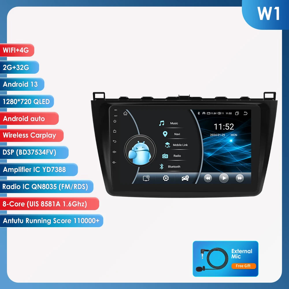 Hizpo Android 14 pour Mazda 6 2007 - 2012 lecteur multimédia de voiture Navigation GPS Radio Carplay Navi 360 caméra 4G No 2 Din 2din DVD