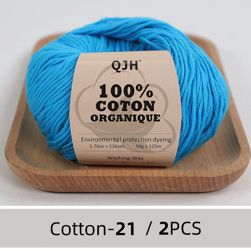 QJH Fil 100% coton biologique, fil pour tricoter, crochet et artisanat, paquet de 2 - 1,76 oz/136 mètres/1 pièce, léger, Dk