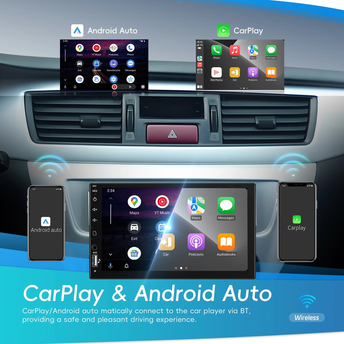 LeeKooLuu 1 Din 7 "HD universel voiture lecteur MP5 Bluetooth FM Radio sans fil Carplay Android Auto lecteur multimédia USB/SD/AUX-IN