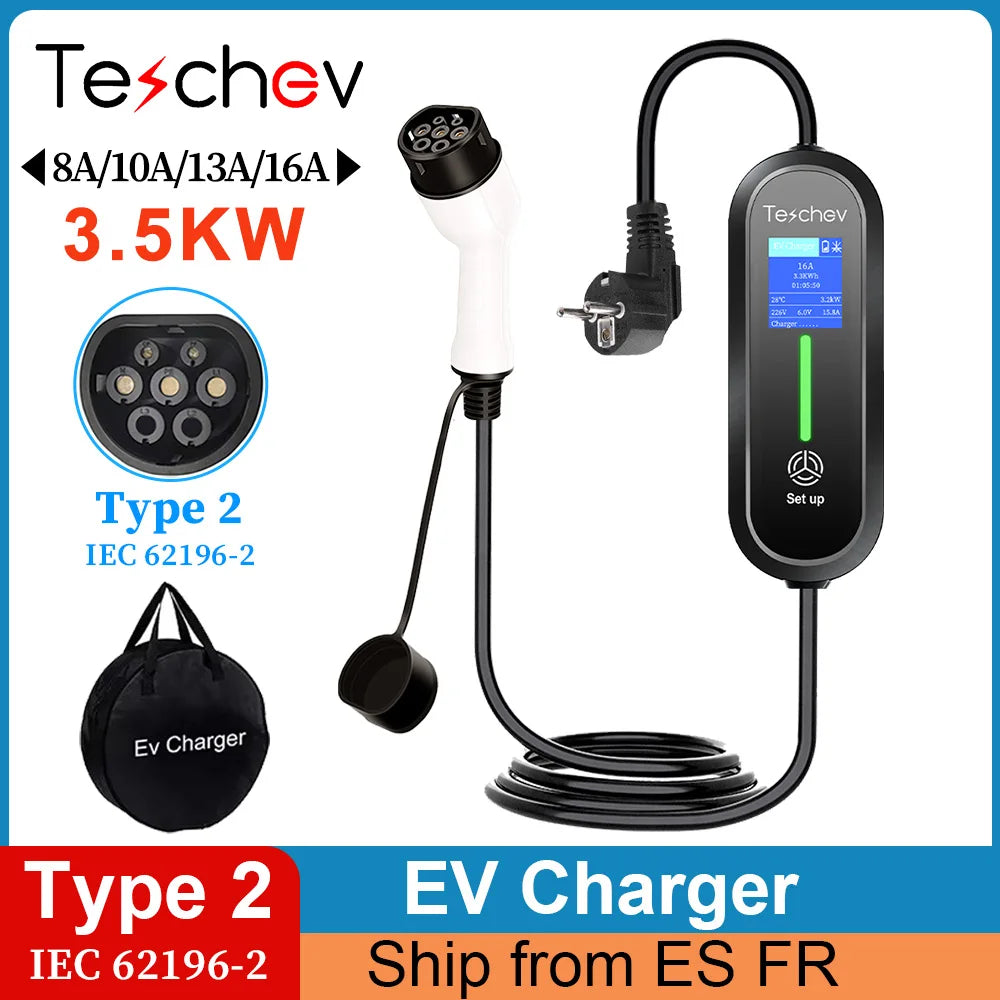 Teschev chargeur EV Portable Type 2 3.5KW 16A 1P chargeur de voiture électrique courant réglable et temps de réglage pour voiture électrique IEC 6219-2